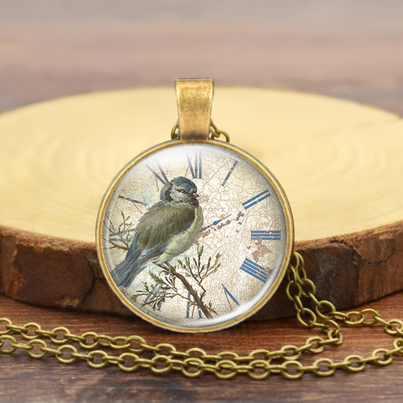 Brown Metal Clock Display Round Pendant Necklace, Artistic